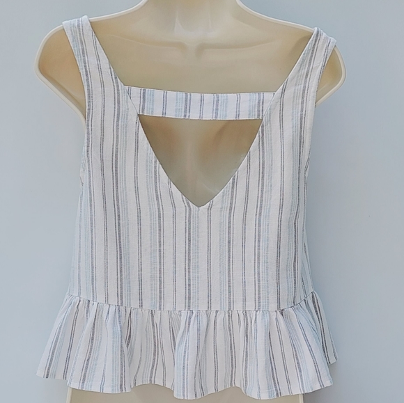 BP Womens LG Top Linen Blend Gray-Striped Crop Vacation Beachy BOHO Minimalist - Picture 5 of 9